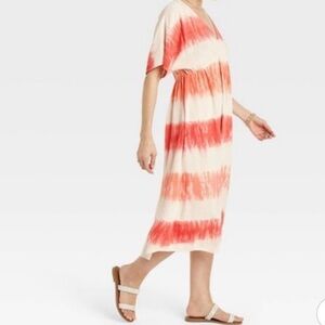 Knox Rose High Waisted Tie Dye Maxi Dress Pink White Boho Flowy Sz L Linen Blend